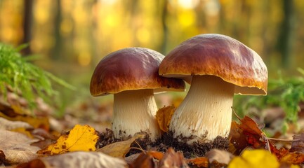 Fototapeta premium In a vibrant autumn forest setting, two lovely mushrooms stand elegantly, embraced by colorful fallen leaves