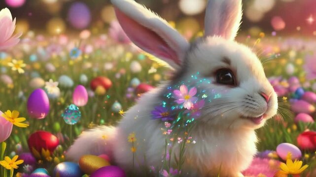 Playful bunny amidst colorful eggs for joyful Easter