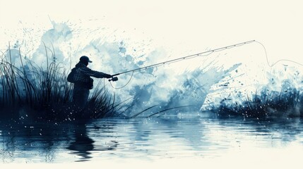 Fototapeta premium a fisherman holds a fishing rod and fishing line on the lake.