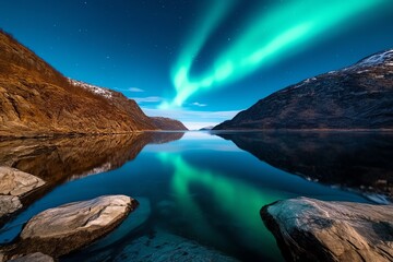 Naklejka premium The Northern Lights shimmering over a remote fjord, with reflections on the water and rugged cliffs in the background