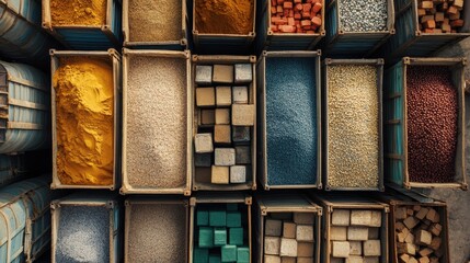 Fototapeta premium A variety of spices and other items are displayed in wooden crates
