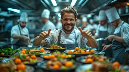 Fototapeta premium A vibrant image of two chefs in a high-end kitchen, high-fiving after plating a beautiful dish, with the background showing a neatly organized workspace, fresh ingredients,