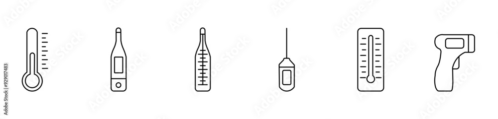 Poster set of thermometer icons in linear style. a collection of temperature measurement symbols. linear th