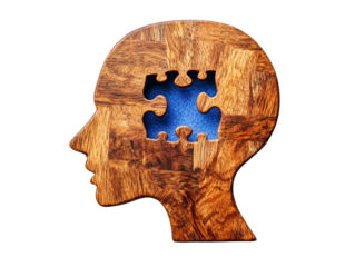 a wooden head with a puzzle piece cut out