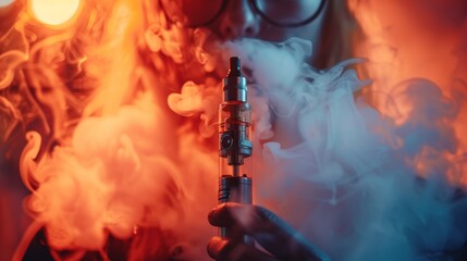 A person vaping with colorful smoke in a dimly lit environment at night