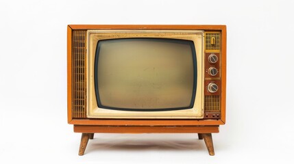 Vintage wooden television set with knobs displayed on a white background