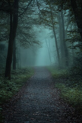 Fototapeta premium A dark and moody forest pathway is shrouded in an eerie mist, creating an atmosphere of mystery and intrigue