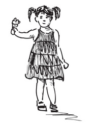 Littl girl with ice cream walking outdoors on summer day, sketch, doodle, outline vector hand drawn illustration isolated on white