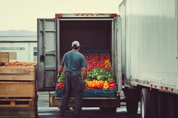 A man in a white cap loads a delivery truck with fresh produce.