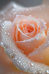 A delicate rose with dew drops glistens in the morning light
