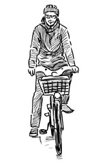 Sketch of city cyclist in helmet stopped for resting, front view, vector hand drawn illustration