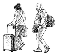 Sketch of couple tourists with backpack and suitcase walking, side view, realistic hand drawing isolated on white, vector