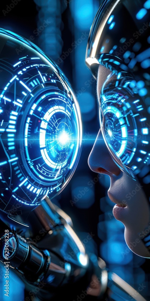 Poster a close-up of a futuristic interaction between a human and a robot, showcasing advanced technology a