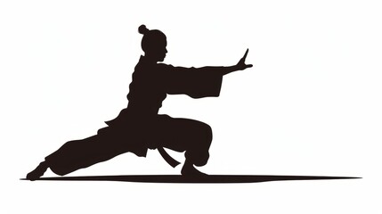 Martial artist performing a dynamic stance in traditional attire during a training session