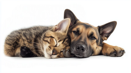 Obraz premium close up of isolated couple hugging: german shepherd dog and cat; domestic animals; two friends; white background