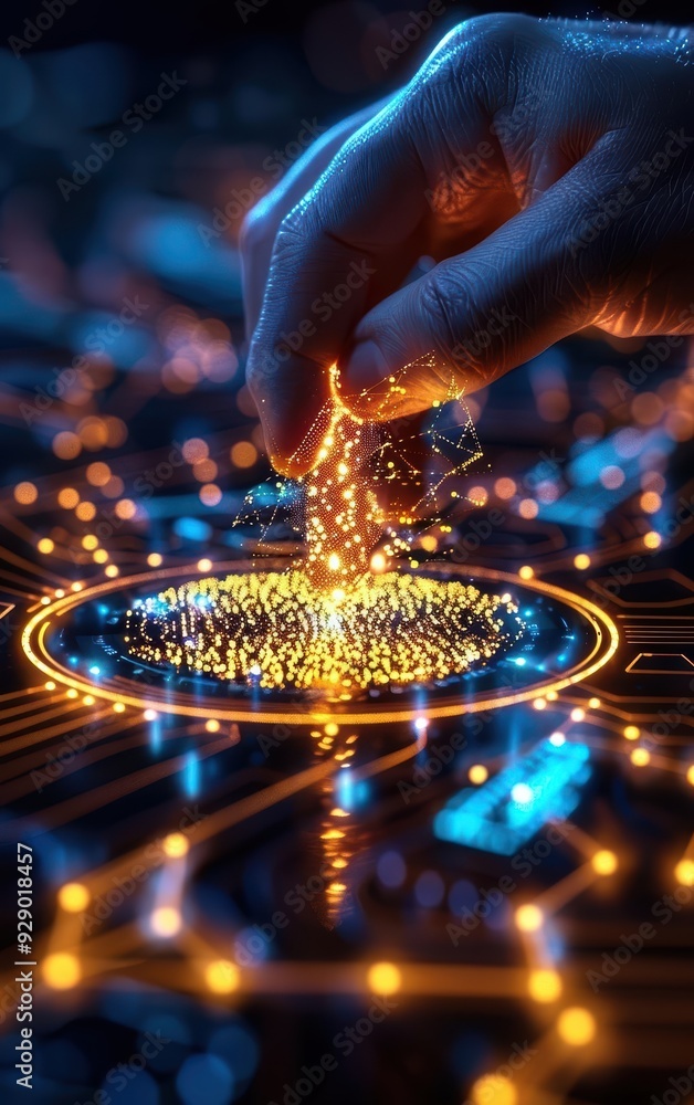 Poster a close-up of a hand manipulating glowing digital particles on a circuit board, symbolizing technolo