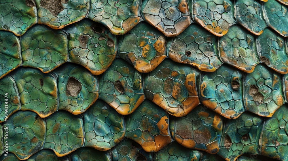 Poster close-up view of textured green and orange hexagonal surfaces resembling reptile scales