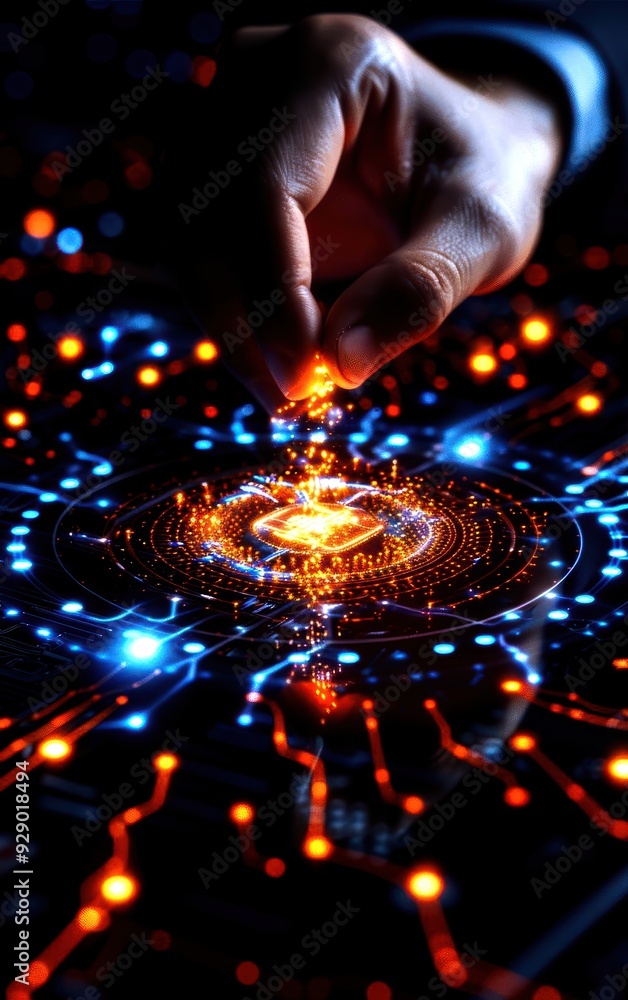 Poster a close-up of a hand manipulating vibrant digital particles in a futuristic circuit, representing in
