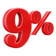 9 Percent Off Sale . Red Number 3D Render