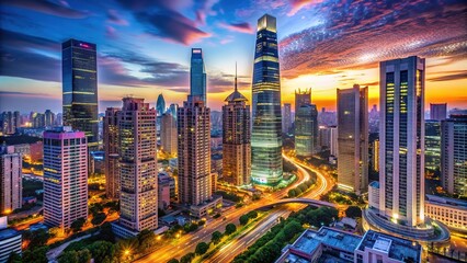 Obraz premium Modern cityscape at dusk with sleek skyscrapers, bustling streets, and vibrant neon lights illuminating the urban landscape, conveying energy and sophistication.