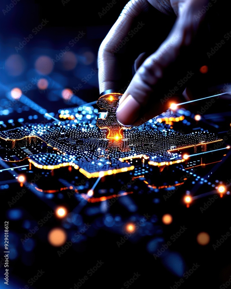 Poster a close-up of a hand interacting with a glowing digital network, symbolizing technology and innovati