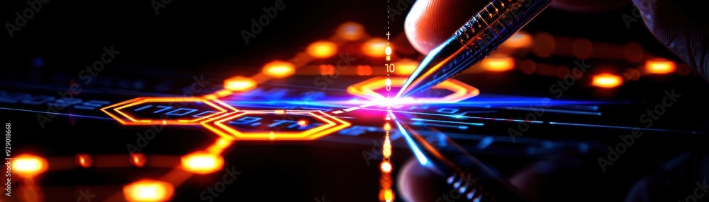 Poster a close-up of a hand using a pen on a glowing circuit board, representing technology and innovation 