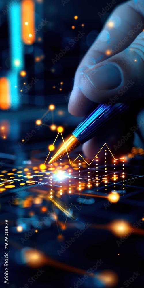 Poster a close-up of a hand using a pen to analyze glowing data charts on a digital screen, symbolizing fin