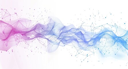 Abstract flowing wave of purple and blue lines with connected dots on a bright background