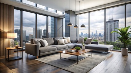 Fototapeta premium Modern cityscape outside floor-to-ceiling windows of a sleek, contemporarily-designed living room with gray sofa, coffee table, and minimalist decor, showcasing urban chic lifestyle.