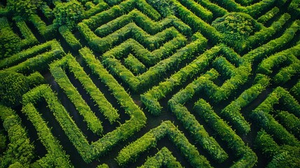 Aerial view of a lush green maze in a field during daylight