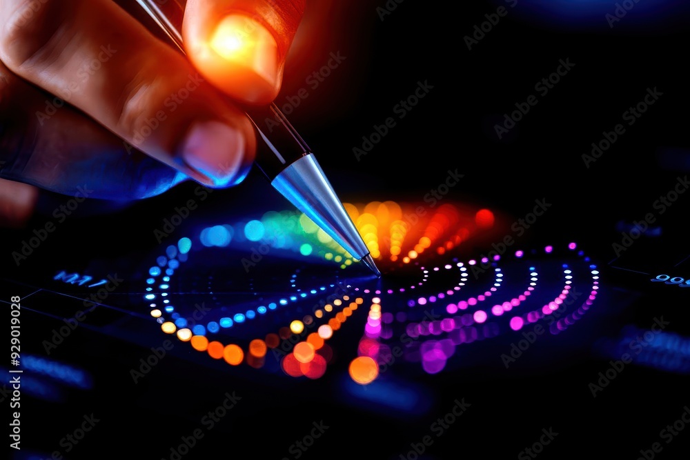 Aufkleber a colorful digital art creation process depicting a hand using a stylus on a glowing interactive scr