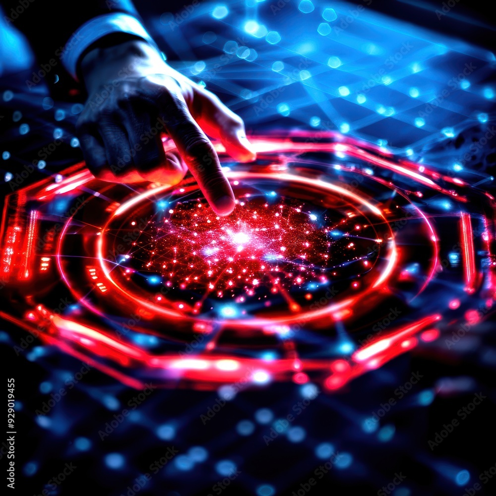 Poster a futuristic hand interacting with a glowing digital interface, showcasing advanced technology and i