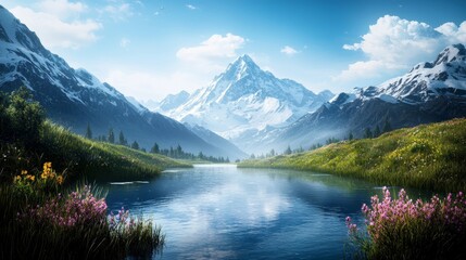 Fototapeta premium illustration of Breathtaking mountain view reflecting in a serene lake surrounded by vibrant flowers and lush greenery under a clear blue sky.