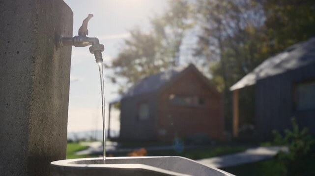 Cold refreshing water flowing from the drinking fountain at a camping area in a beautiful rural landscape, close up shot. Nature, and life concepts.