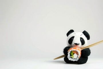 A cute, plush panda bear holding a sushi roll with chopsticks, set against a minimalist white background