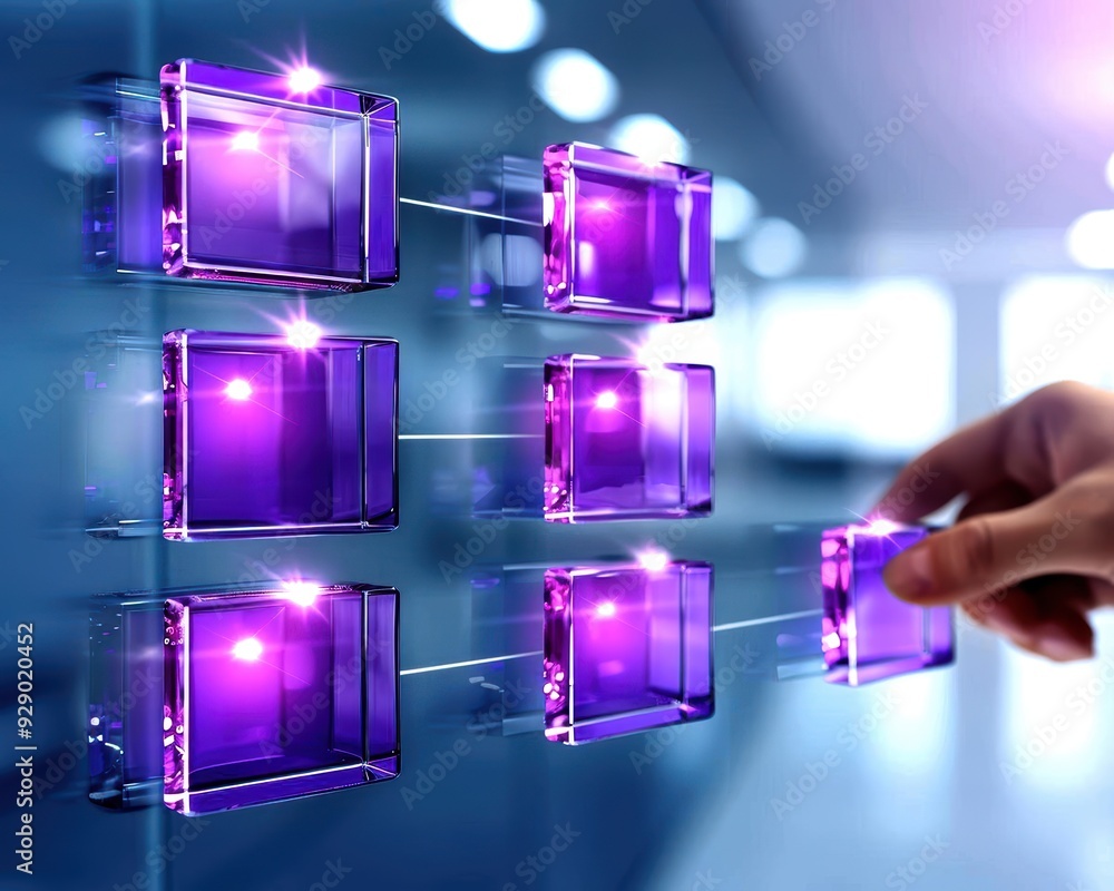 Poster a hand interacts with glowing purple buttons on a digital interface, symbolizing technology and inno