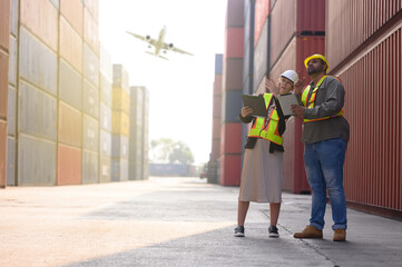 A group of men and women of professional container assemblers stand in a container shipping yard, looking at the preparation of containers. Logistics workers working at containers