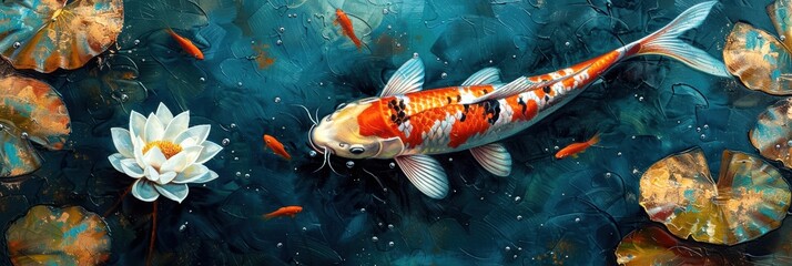 A colorful koi fish swims peacefully among lotus flowers and lily pads in a serene pond, creating a tranquil and vibrant aquatic scene.