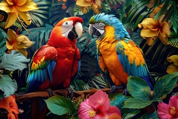 Obraz premium Close-up of two vibrant parrots on a branch with lush foliage and exotic flowers in a tropical jungle setting.