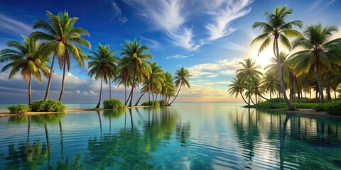 Fototapeta premium Towering palms and serene waters in a majestic tropical oasis, palm trees, tropical, oasis, serene, waters, tranquil