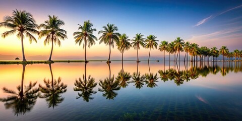 Fototapeta premium Towering palms reflected in serene waters of a majestic tropical oasis, tropical, oasis, palms, serene, waters