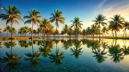 Obraz premium Towering palm trees reflecting in serene waters of a tropical oasis, tropical, oasis, majestic, palm trees, serene
