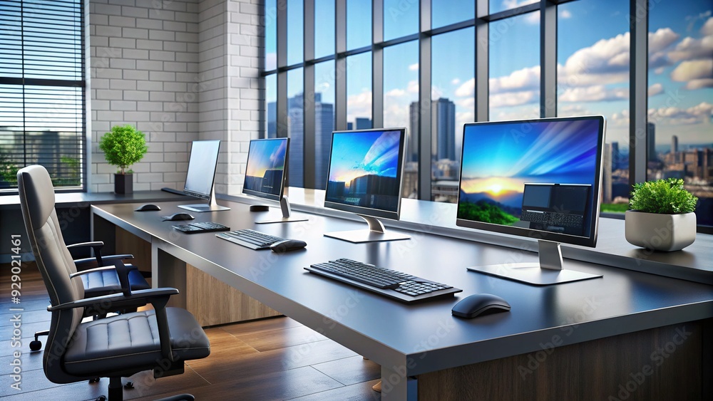 Poster modern computer workstation with multiple monitors, wireless keyboard, and sleek devices, conveying 