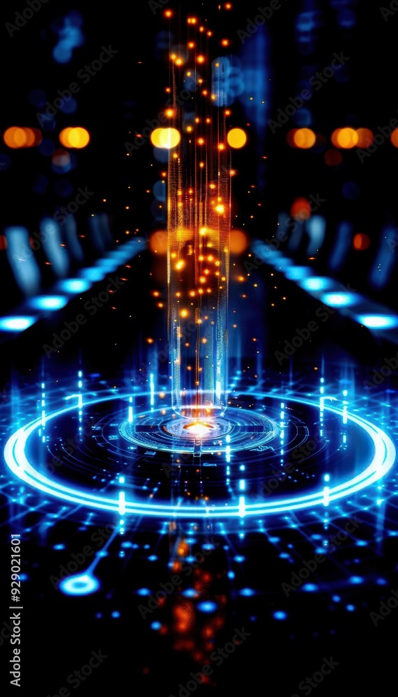 Poster a vibrant digital abstraction featuring glowing particles and concentric circles, symbolizing techno