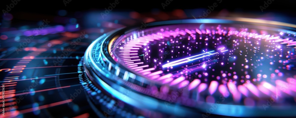 Poster a vibrant digital abstract scene with glowing circles and dynamic light effects, perfect for technol