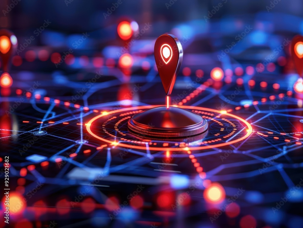 Poster a vibrant digital map with bright connections and a prominent location marker, symbolizing navigatio