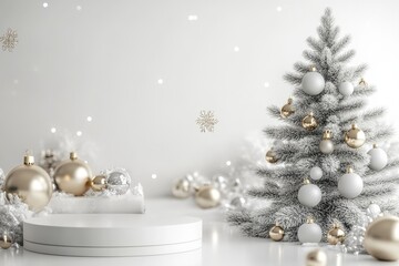 Christmas scene for showcasing cosmetic products. plinth for product demonstration on a white festive background. Podium with New Year's decor.