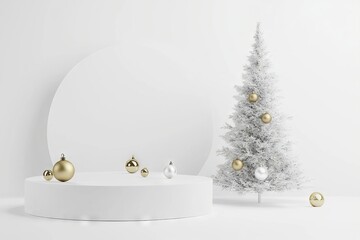 Christmas scene for showcasing cosmetic products. plinth for product demonstration on a white festive background. Podium with New Year's decor.