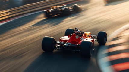 A vintage racing car speeds around a curve on a sunlit track during a motorsport event in the late afternoon