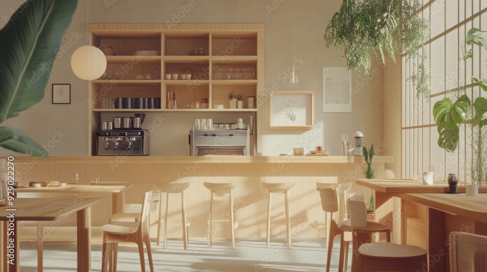 Poster warm sunlight streams through large windows, illuminating a minimalist cafe adorned with wooden tabl